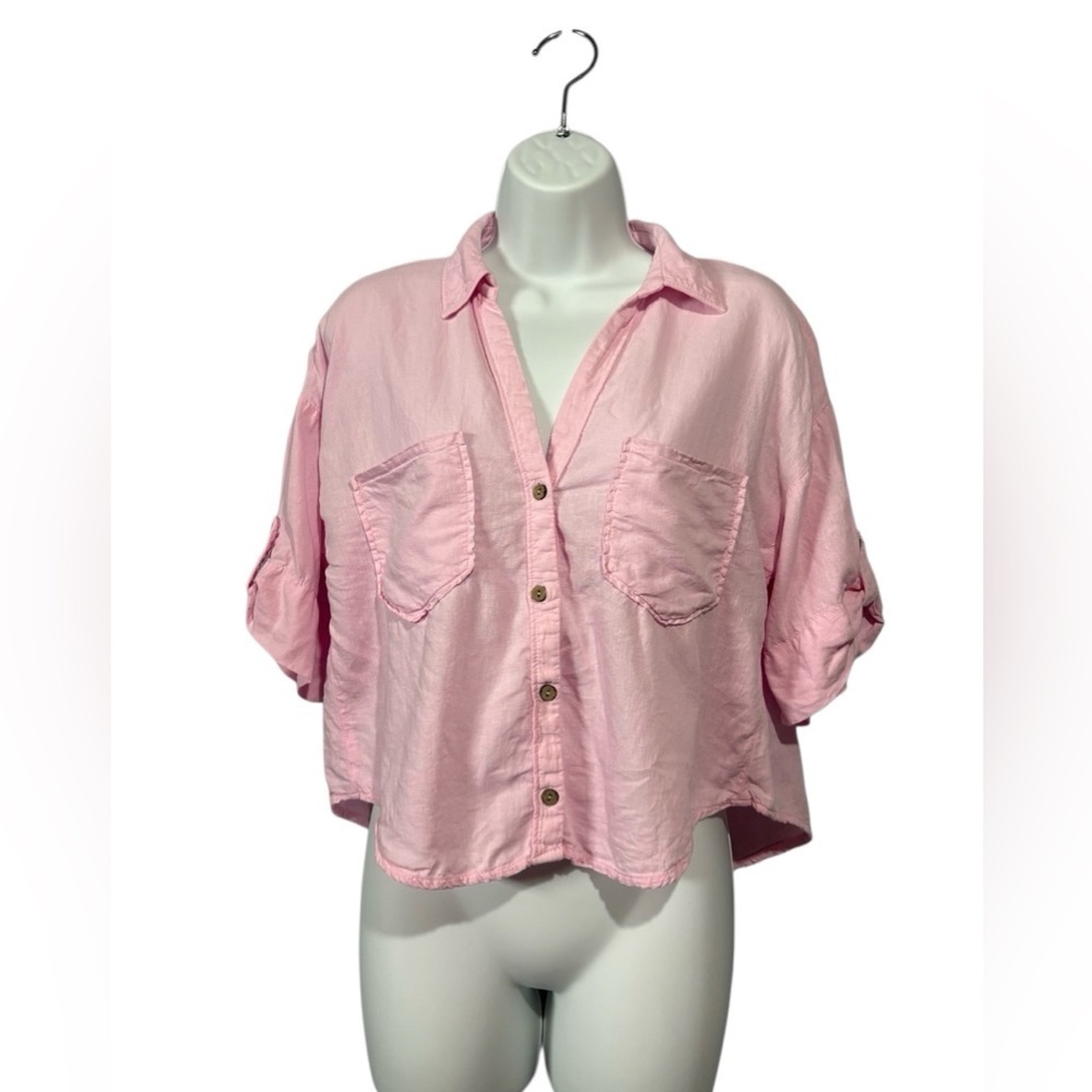ZARA, Pink Linen Cropped Button-Up Shirt, Size XS - Picture 3 of 8